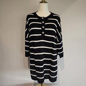 Black White Striped Knit Tunic Sweater Cozy Casual Henley Womens 2XL Top